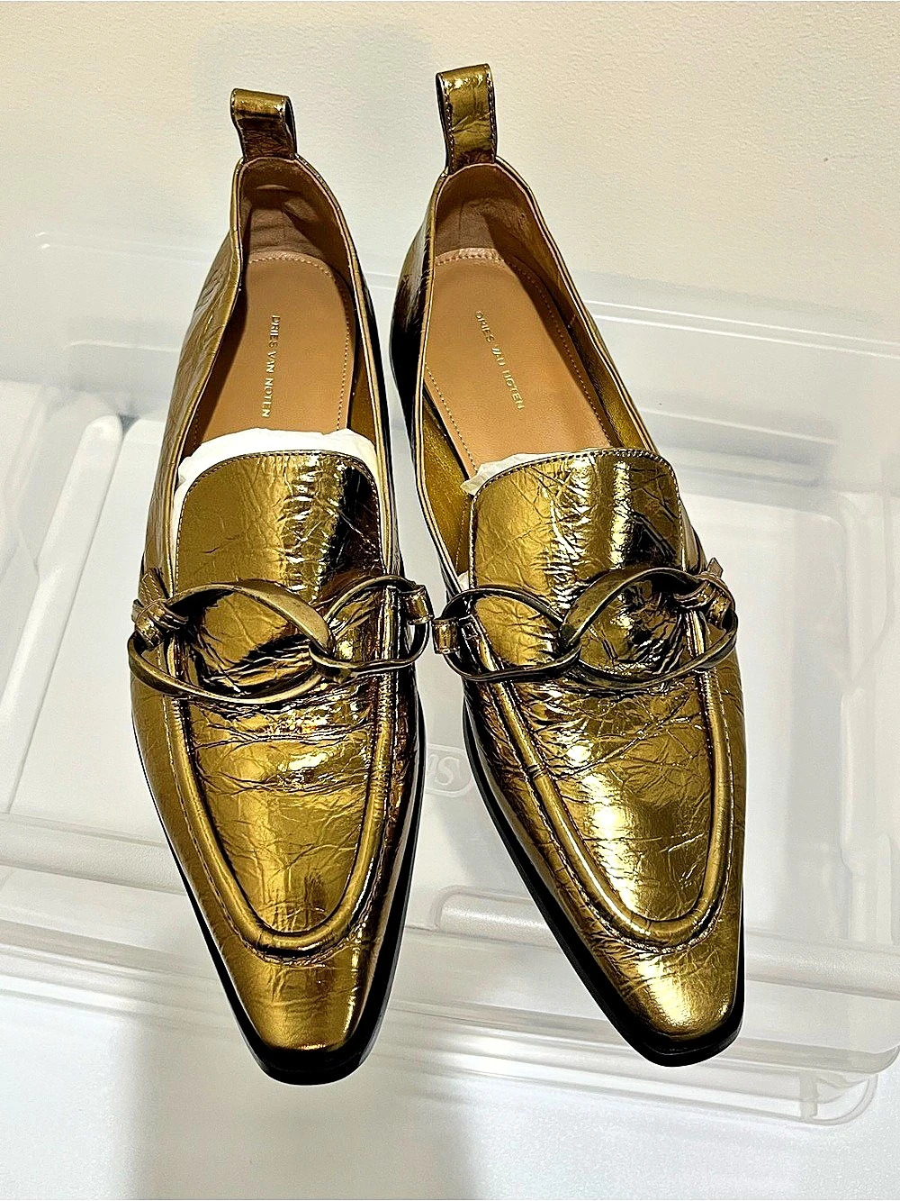 Dries Van Noten Metallic Leather Loafers with Chain Link Detail Metallic Gold Si